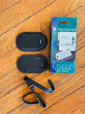 Samsonite Black Leather Travel ID Tag Set with Gold-Tone Hardware